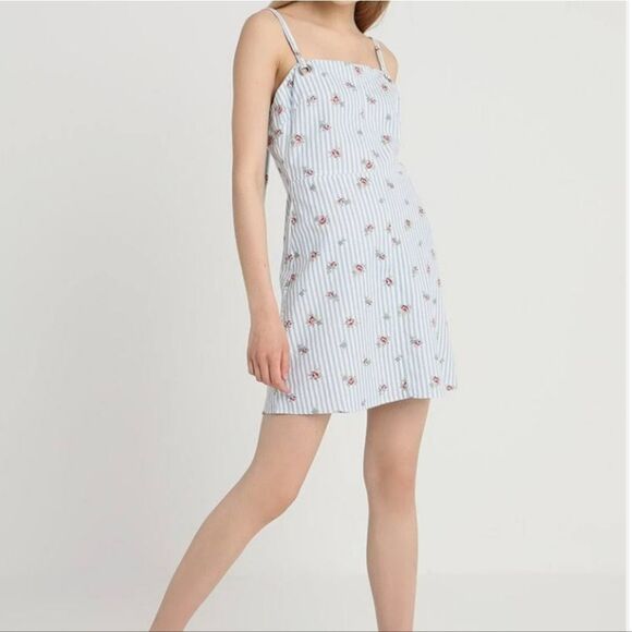 TOPSHOP Linen Blue Striped Floral Pinafore Shift Dress Sleeveless Mini Sundress - Picture 5 of 12